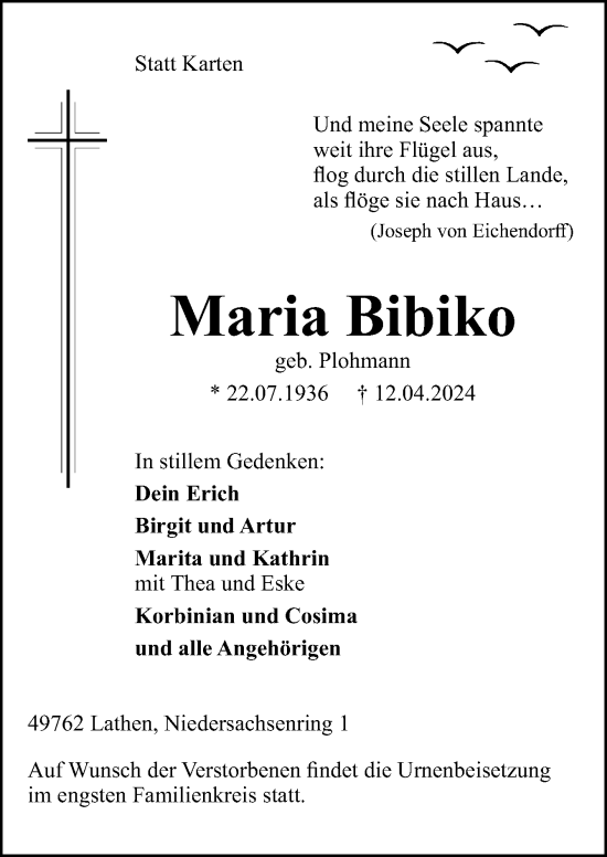 Traueranzeige von Maria Bibiko von Neue Osnabrücker Zeitung GmbH & Co. KG