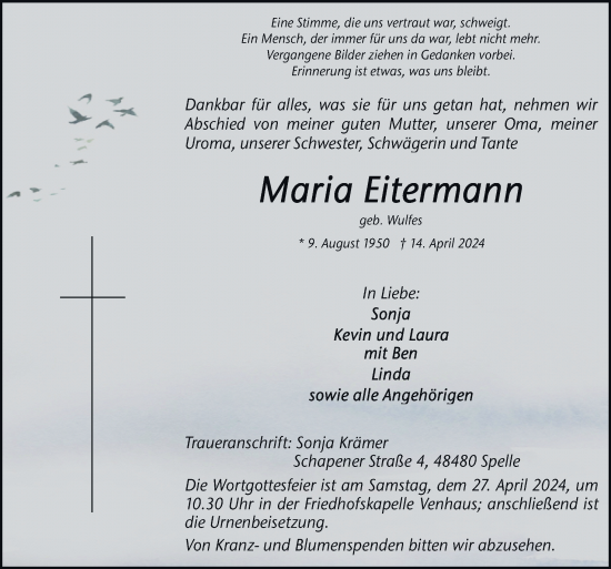 Traueranzeige von Maria Eitermann von Neue Osnabrücker Zeitung GmbH & Co. KG