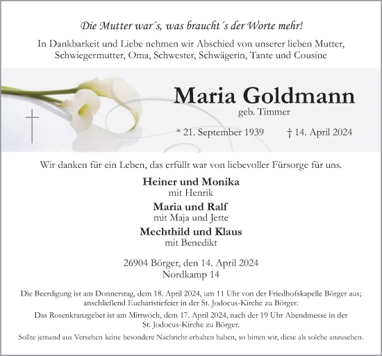 Traueranzeige von Maria Goldmann von Neue Osnabrücker Zeitung GmbH & Co. KG