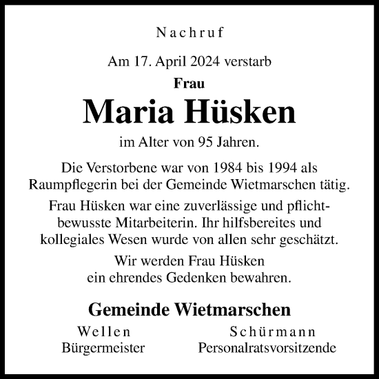 Traueranzeige von Maria Hüsken von Neue Osnabrücker Zeitung GmbH & Co. KG