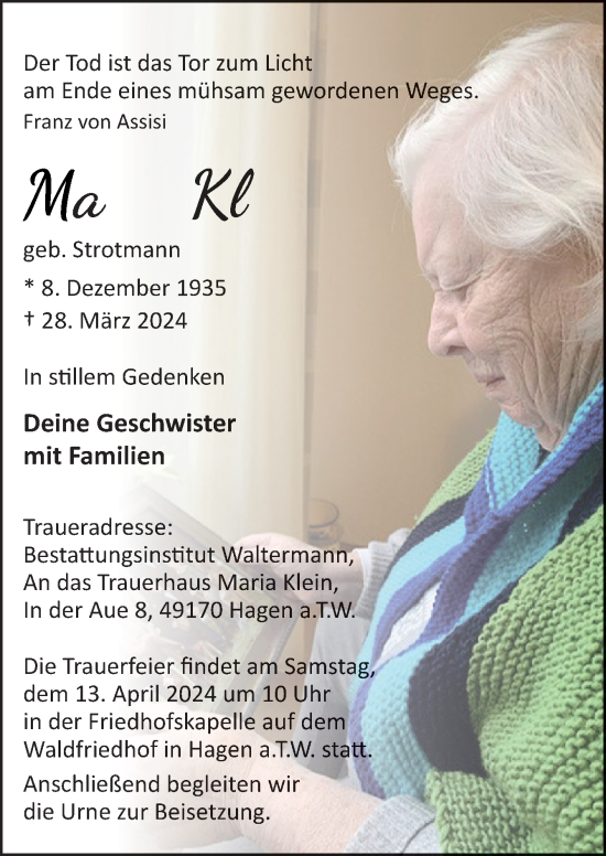 Traueranzeige von Maria Klein von Neue Osnabrücker Zeitung GmbH & Co. KG