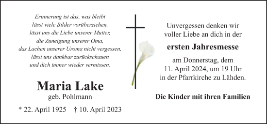 Traueranzeige von Maria Lake von Neue Osnabrücker Zeitung GmbH & Co. KG