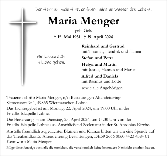 Traueranzeige von Maria Menger von Neue Osnabrücker Zeitung GmbH & Co. KG