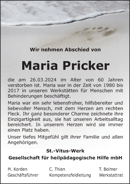 Traueranzeige von Maria Pricker von Neue Osnabrücker Zeitung GmbH & Co. KG