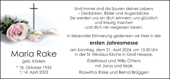 Traueranzeige von Maria Rake von Neue Osnabrücker Zeitung GmbH & Co. KG