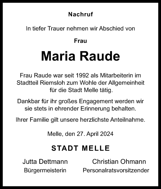 Traueranzeige von Maria Raude von Neue Osnabrücker Zeitung GmbH & Co. KG