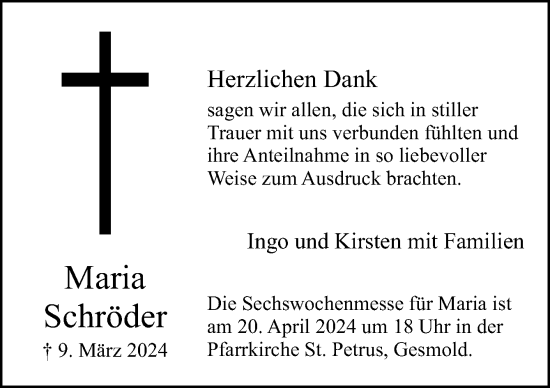 Traueranzeige von Maria Schröder von Neue Osnabrücker Zeitung GmbH & Co. KG