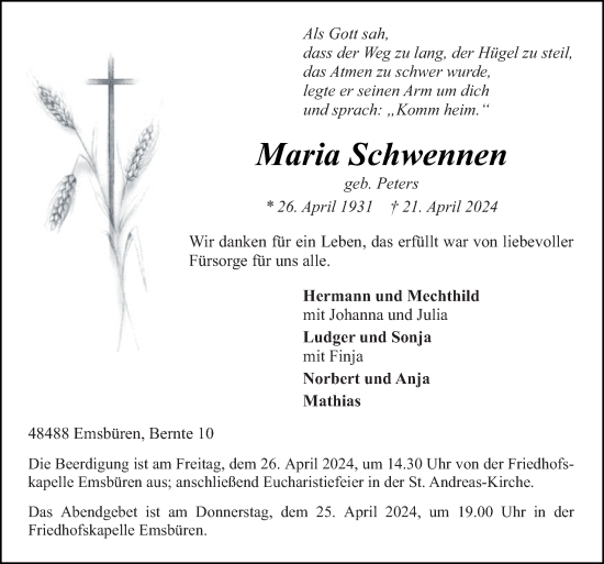 Traueranzeige von Maria Schwennen von Neue Osnabrücker Zeitung GmbH & Co. KG