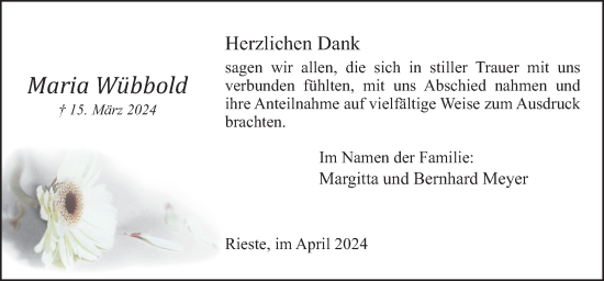 Traueranzeige von Maria Wübbold von Neue Osnabrücker Zeitung GmbH & Co. KG