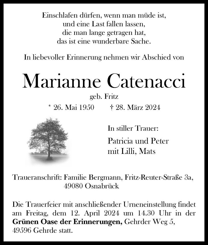  Traueranzeige für Marianne Catenacci vom 06.04.2024 aus Neue Osnabrücker Zeitung GmbH & Co. KG