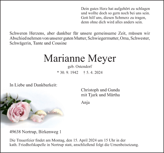Traueranzeige von Marianne Meyer von Neue Osnabrücker Zeitung GmbH & Co. KG