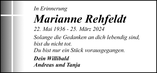 Traueranzeige von Marianne Rehfeldt von Neue Osnabrücker Zeitung GmbH & Co. KG