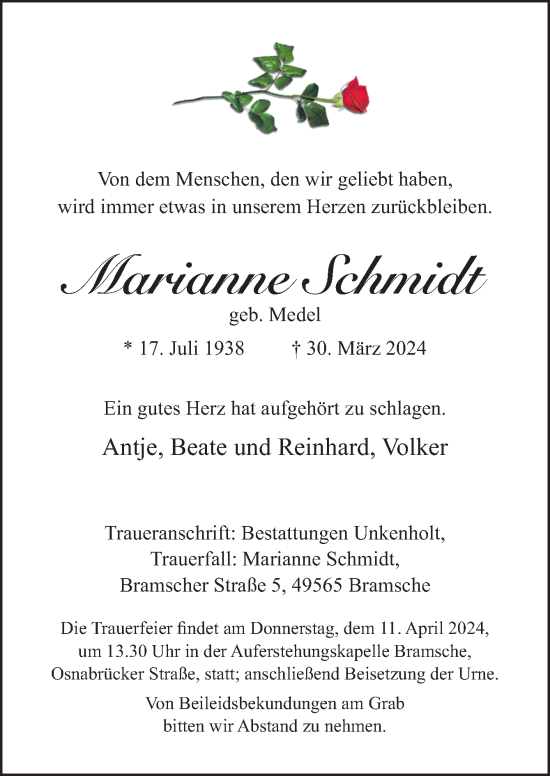 Traueranzeige von Marianne Schmidt von Neue Osnabrücker Zeitung GmbH & Co. KG
