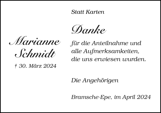 Traueranzeige von Marianne Schmidt von Neue Osnabrücker Zeitung GmbH & Co. KG