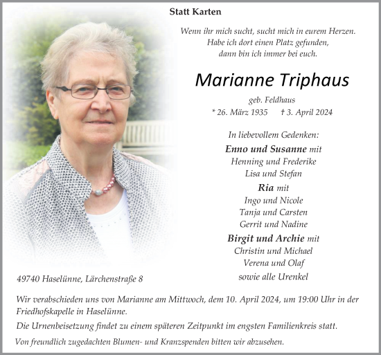 Traueranzeige von Marianne Triphaus von Neue Osnabrücker Zeitung GmbH & Co. KG