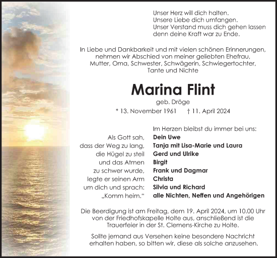 Traueranzeige von Marina Flint von Neue Osnabrücker Zeitung GmbH & Co. KG