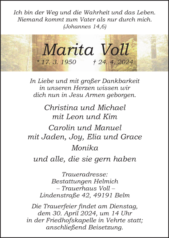 Traueranzeige von Marita Voll von Neue Osnabrücker Zeitung GmbH &amp; Co. KG