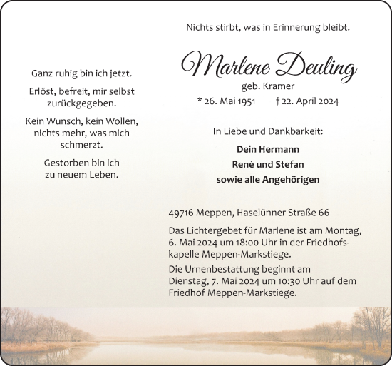 Traueranzeige von Marlene Deuling von Neue Osnabrücker Zeitung GmbH & Co. KG