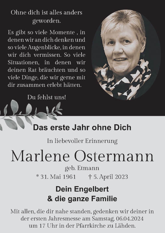 Traueranzeige von Marlene Ostermann von Neue Osnabrücker Zeitung GmbH & Co. KG