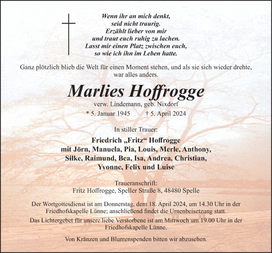 Traueranzeige von Marlies Hoffrogge von Neue Osnabrücker Zeitung GmbH & Co. KG