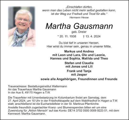 Traueranzeige von Martha Gausmann von Neue Osnabrücker Zeitung GmbH & Co. KG