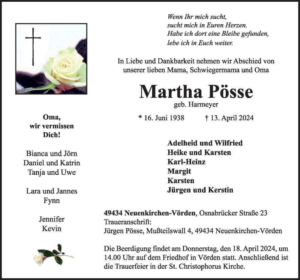 Traueranzeige für Martha Pösse vom 16.04.2024 aus Neue Osnabrücker Zeitung GmbH & Co. KG