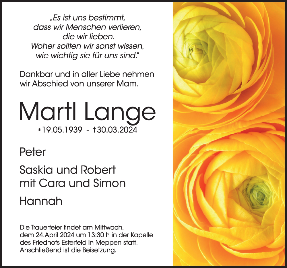  Traueranzeige für Martl Lange vom 06.04.2024 aus Neue Osnabrücker Zeitung GmbH & Co. KG