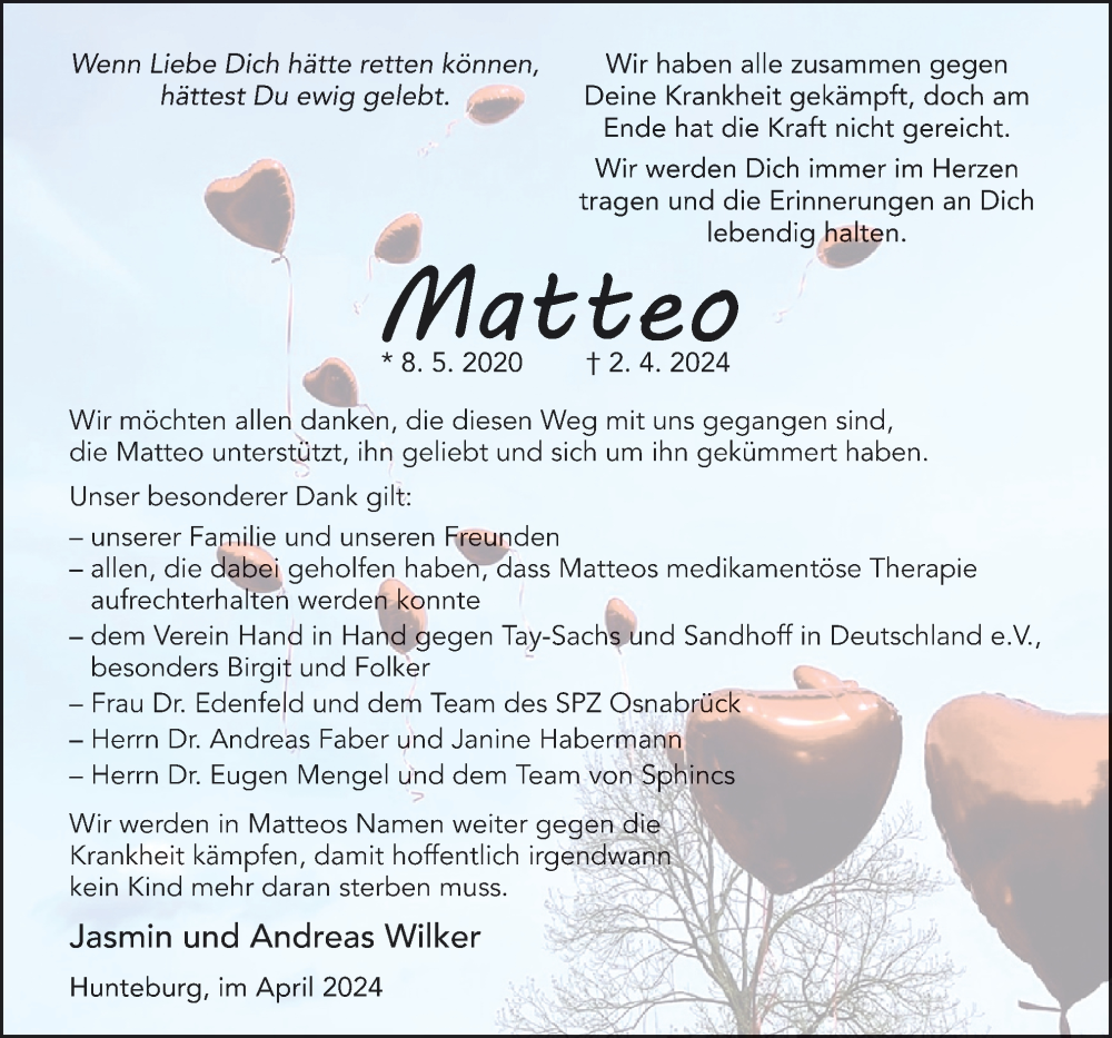  Traueranzeige für Matteo  vom 20.04.2024 aus Neue Osnabrücker Zeitung GmbH & Co. KG