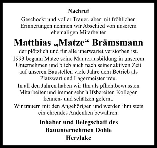 Traueranzeige von Matthias Brämsmann von Neue Osnabrücker Zeitung GmbH & Co. KG