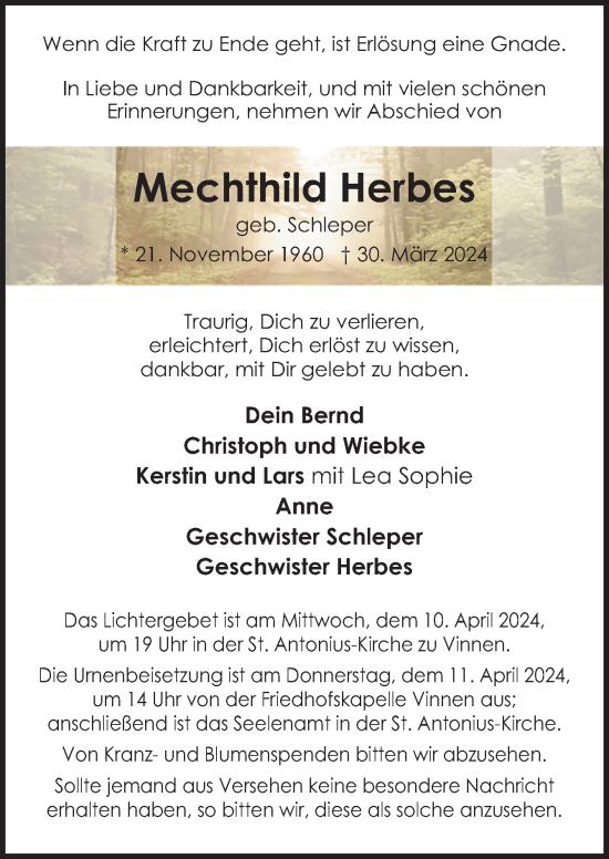 Traueranzeige von Mechthild Herbes von Neue Osnabrücker Zeitung GmbH & Co. KG
