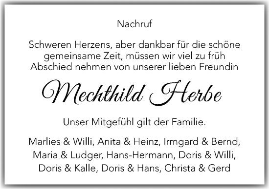 Traueranzeige von Mechthild Herbes von Neue Osnabrücker Zeitung GmbH & Co. KG