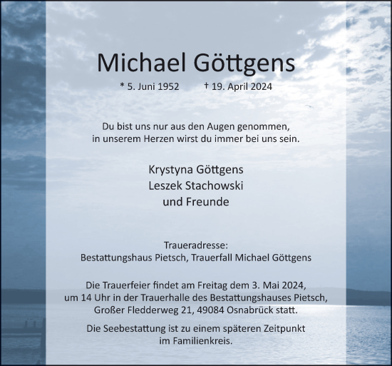 Traueranzeige von Michael Göttgens von Neue Osnabrücker Zeitung GmbH & Co. KG