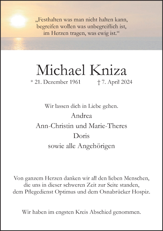 Traueranzeige von Michael Kniza von Neue Osnabrücker Zeitung GmbH & Co. KG