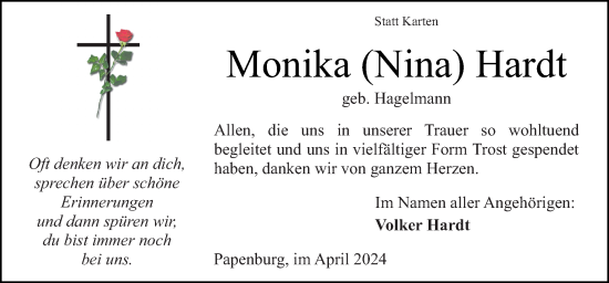 Traueranzeige von Monika Hardt von Neue Osnabrücker Zeitung GmbH & Co. KG