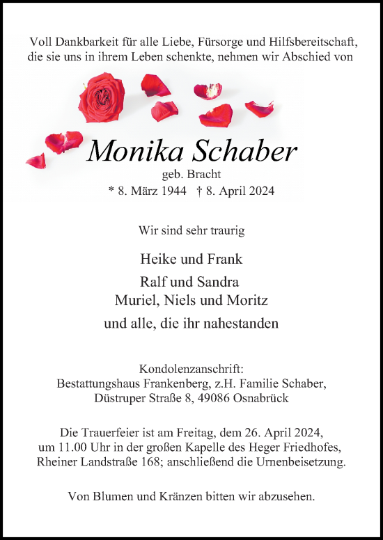 Traueranzeige von Monika Schaber von Neue Osnabrücker Zeitung GmbH & Co. KG