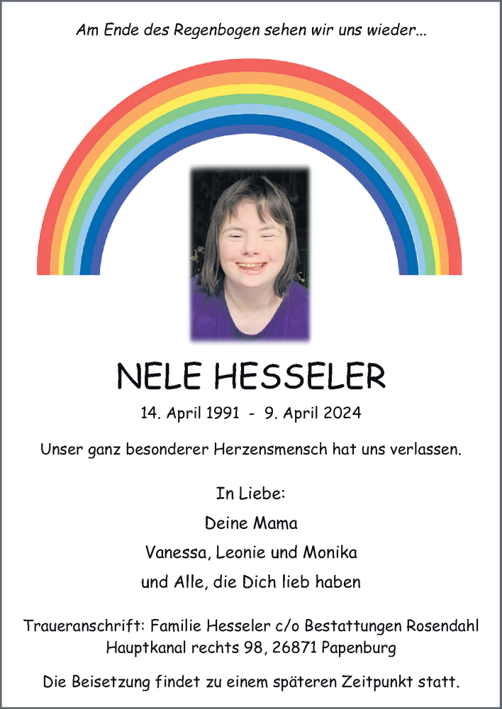  Traueranzeige für Nele Hesseler vom 22.04.2024 aus Neue Osnabrücker Zeitung GmbH & Co. KG