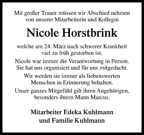 Traueranzeige von Nicole Horstbrink von Neue Osnabrücker Zeitung GmbH & Co. KG