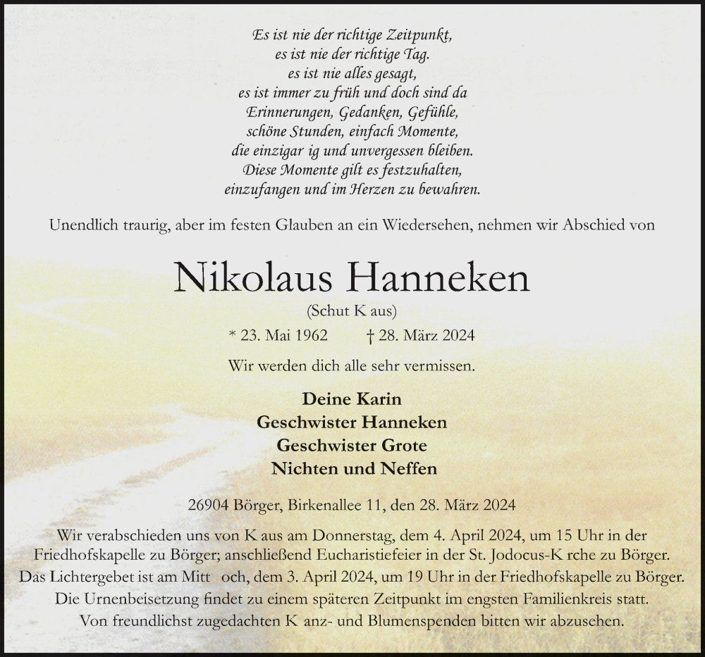  Traueranzeige für Nikolaus Hanneken vom 02.04.2024 aus Neue Osnabrücker Zeitung GmbH & Co. KG