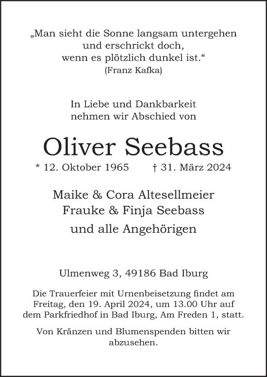 Traueranzeige von Oliver Seebass von Neue Osnabrücker Zeitung GmbH & Co. KG