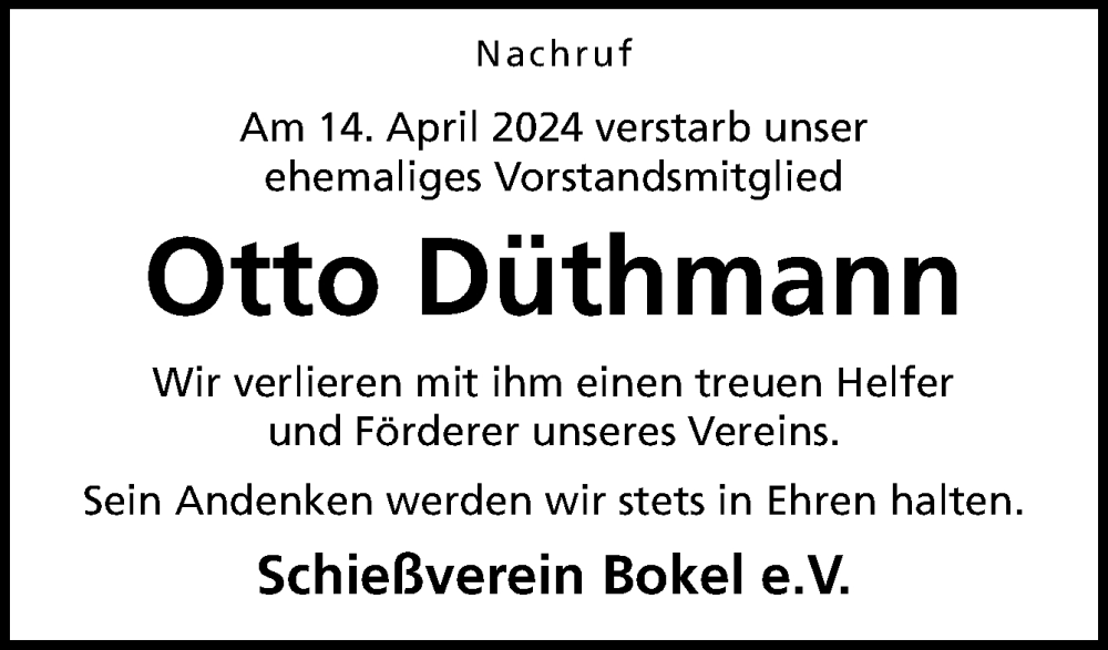  Traueranzeige für Otto Düthmann vom 20.04.2024 aus Neue Osnabrücker Zeitung GmbH & Co. KG
