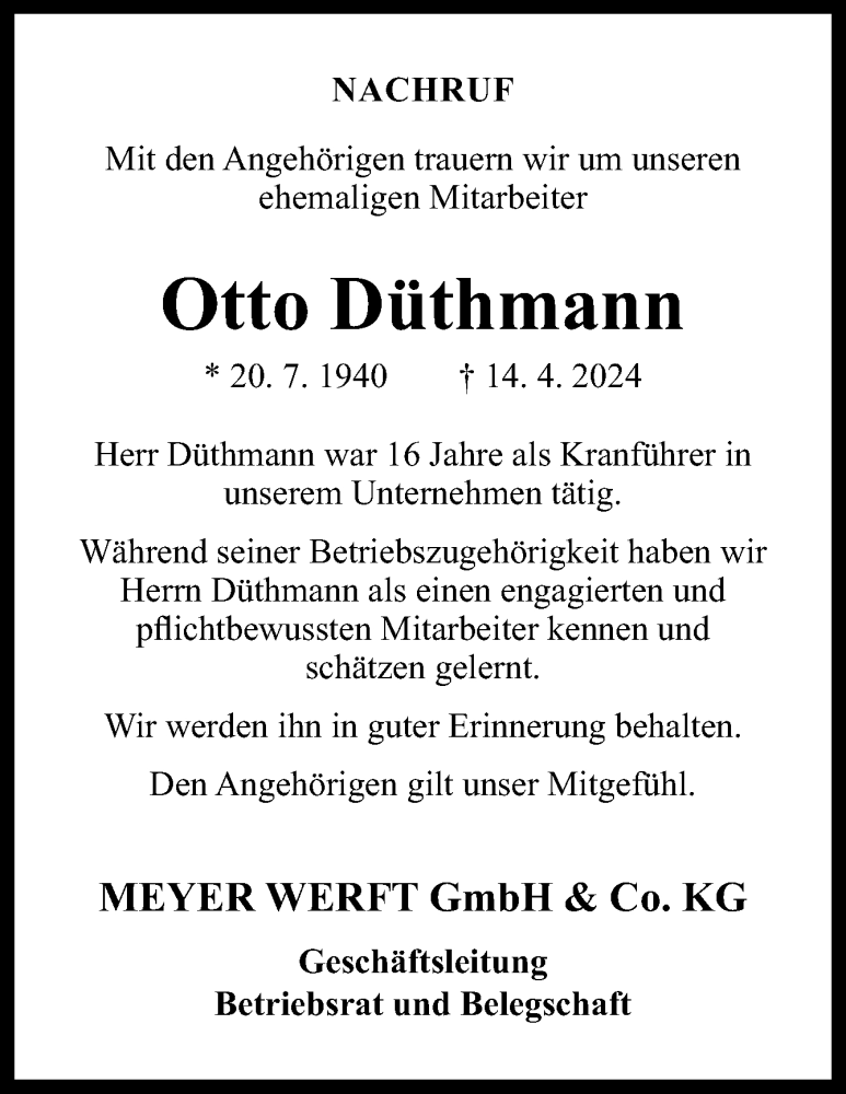  Traueranzeige für Otto Düthmann vom 23.04.2024 aus Neue Osnabrücker Zeitung GmbH & Co. KG