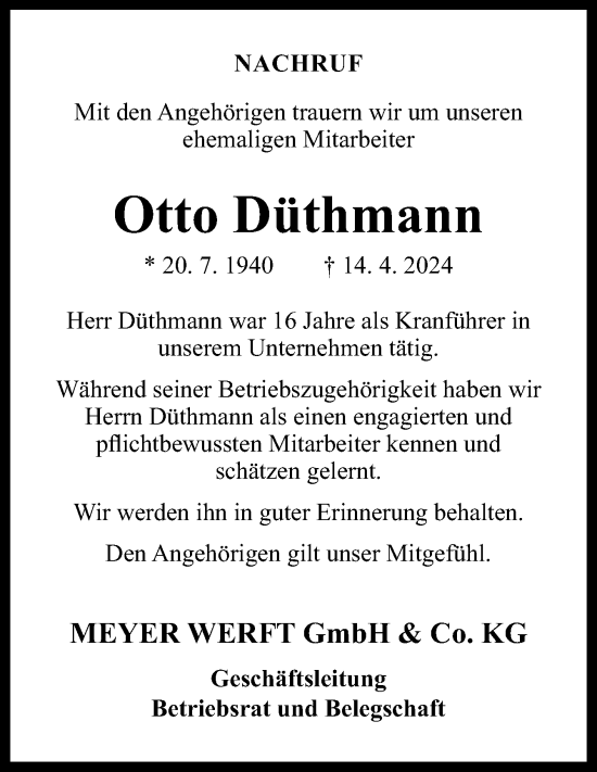 Traueranzeige von Otto Düthmann von Neue Osnabrücker Zeitung GmbH & Co. KG