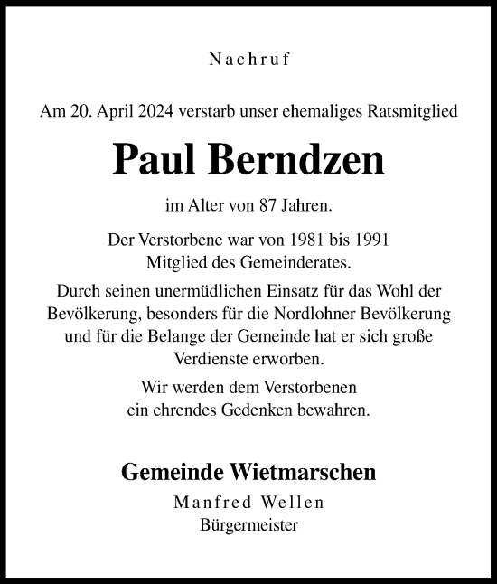 Traueranzeige von Paul Berndzen von Neue Osnabrücker Zeitung GmbH & Co. KG