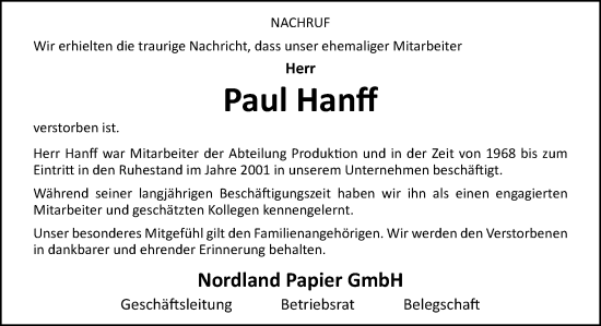 Traueranzeige von Paul Hanff von Neue Osnabrücker Zeitung GmbH & Co. KG