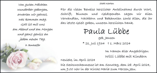 Traueranzeige von Paula Lübbe von Neue Osnabrücker Zeitung GmbH & Co. KG