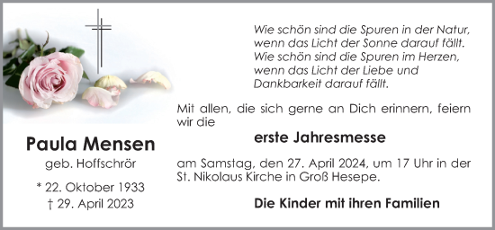 Traueranzeige von Paula Mensen von Neue Osnabrücker Zeitung GmbH & Co. KG