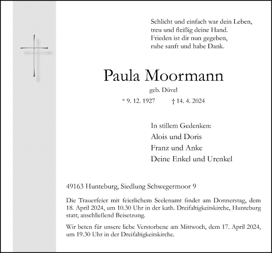Traueranzeige von Paula Moormann von Neue Osnabrücker Zeitung GmbH & Co. KG