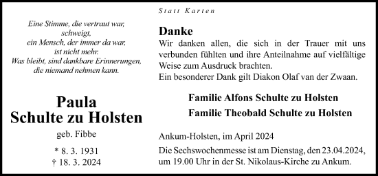 Traueranzeige von Paula Schulte zu Holsten von Neue Osnabrücker Zeitung GmbH & Co. KG