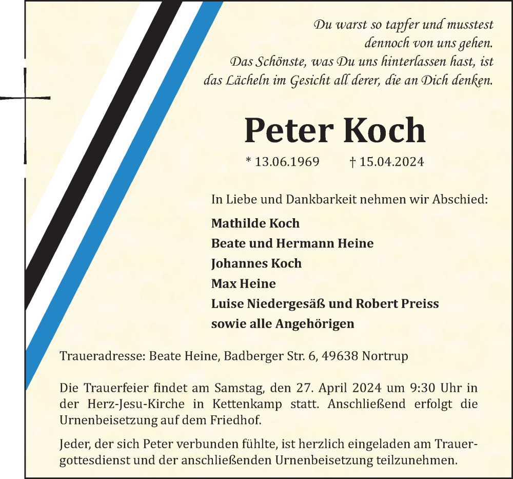  Traueranzeige für Peter Koch vom 22.04.2024 aus Neue Osnabrücker Zeitung GmbH & Co. KG