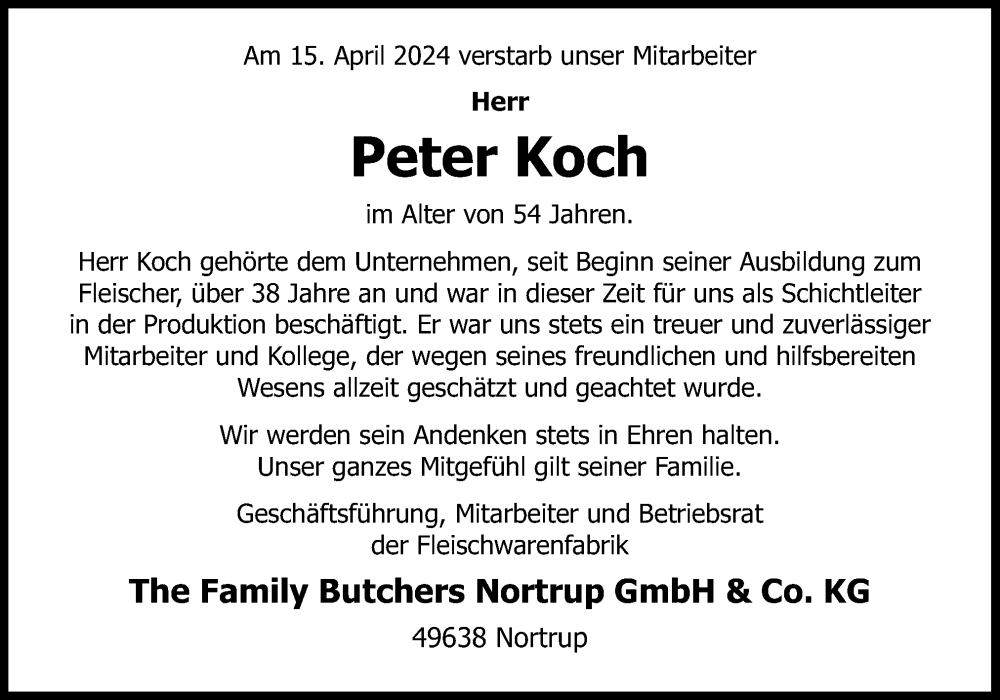  Traueranzeige für Peter Koch vom 27.04.2024 aus Neue Osnabrücker Zeitung GmbH & Co. KG